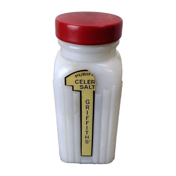 Vintage GRIFFITH's CELERY Salt MILK GLASS SPICE SHAKER JAR RED LID YELLOW GOLD - Picture 1 of 8